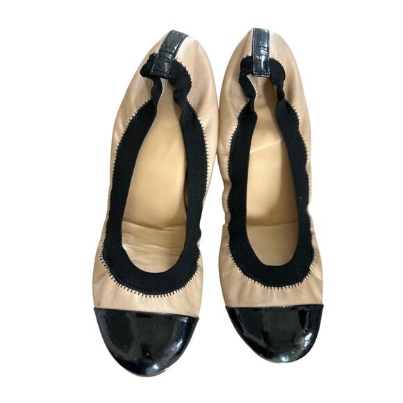 J.Crew Nude Leather Black Trim Cap Toe Slip On Elastic Flats - Picture 1 of 8